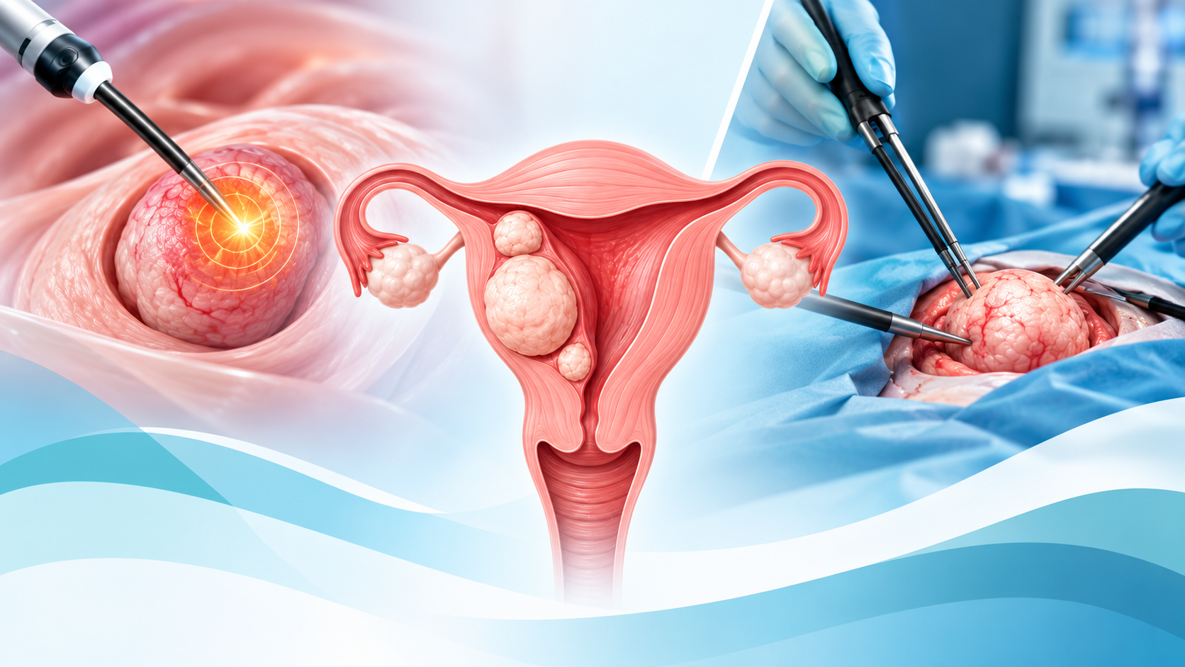 Ilustración médica que compara la ablación por radiofrecuencia de miomas uterinos con la cirugía tradicional.